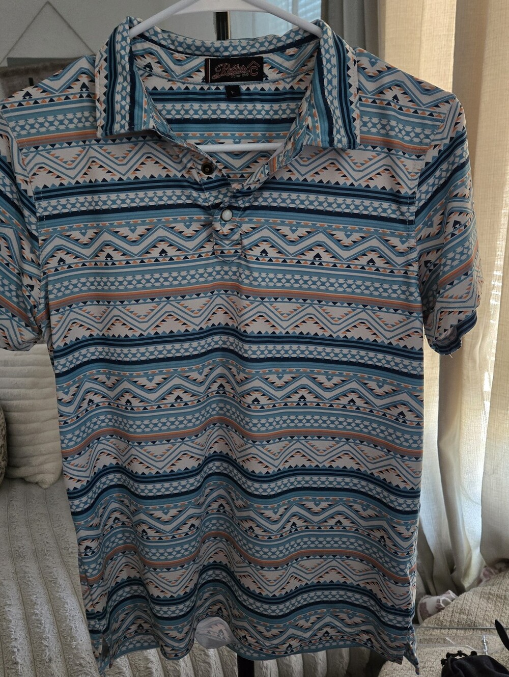 Boys' Aztec Stripe Polo Shirt in Teal and Cream